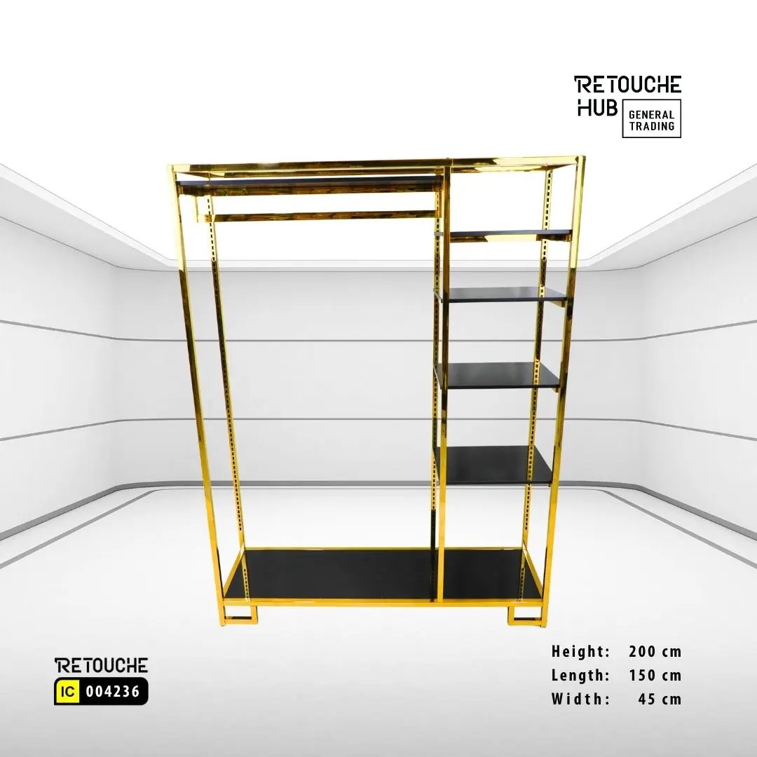 Clothes Stand | Gold Metal Stand With Hanging Bar With  Black Shelf | Modern & Durable Retouche Hub General Trading L.L.C