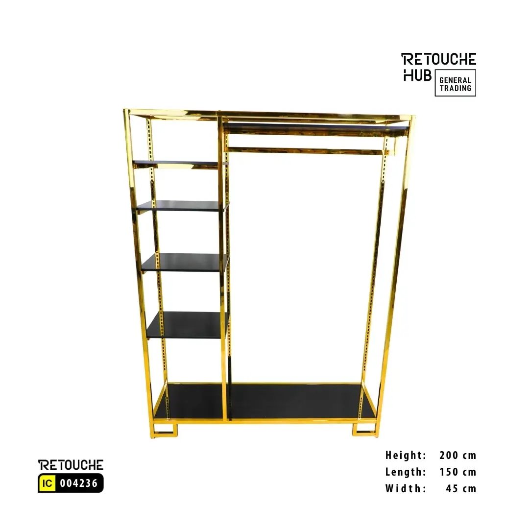 Clothes Stand | Gold Metal Stand With Hanging Bar With  Black Shelf | Modern & Durable Retouche Hub General Trading L.L.C