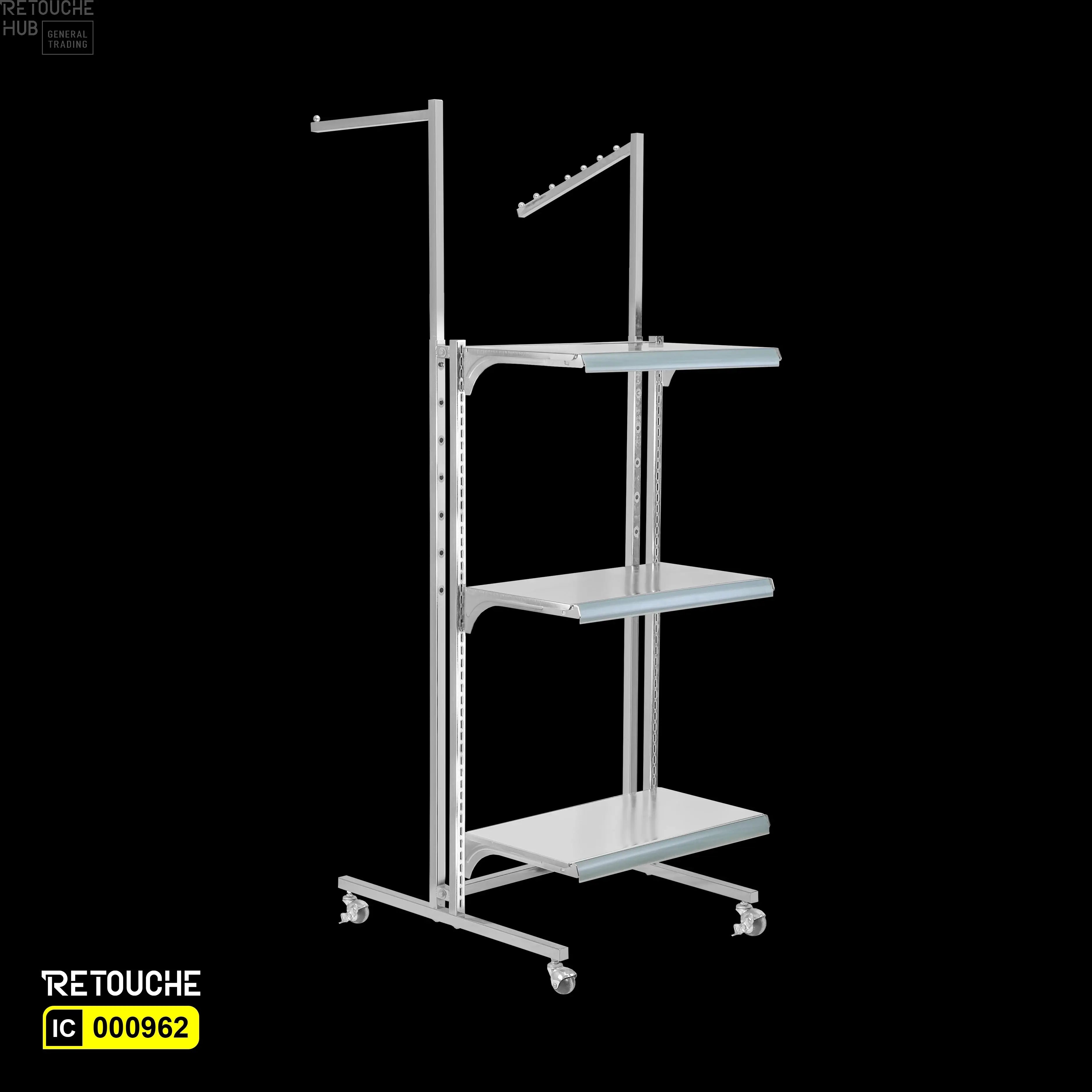 Display Stand, 3 Shelves, 2 Arms, Adjustable, Metal, Chrome Plated, with Wheels Shelving Systems