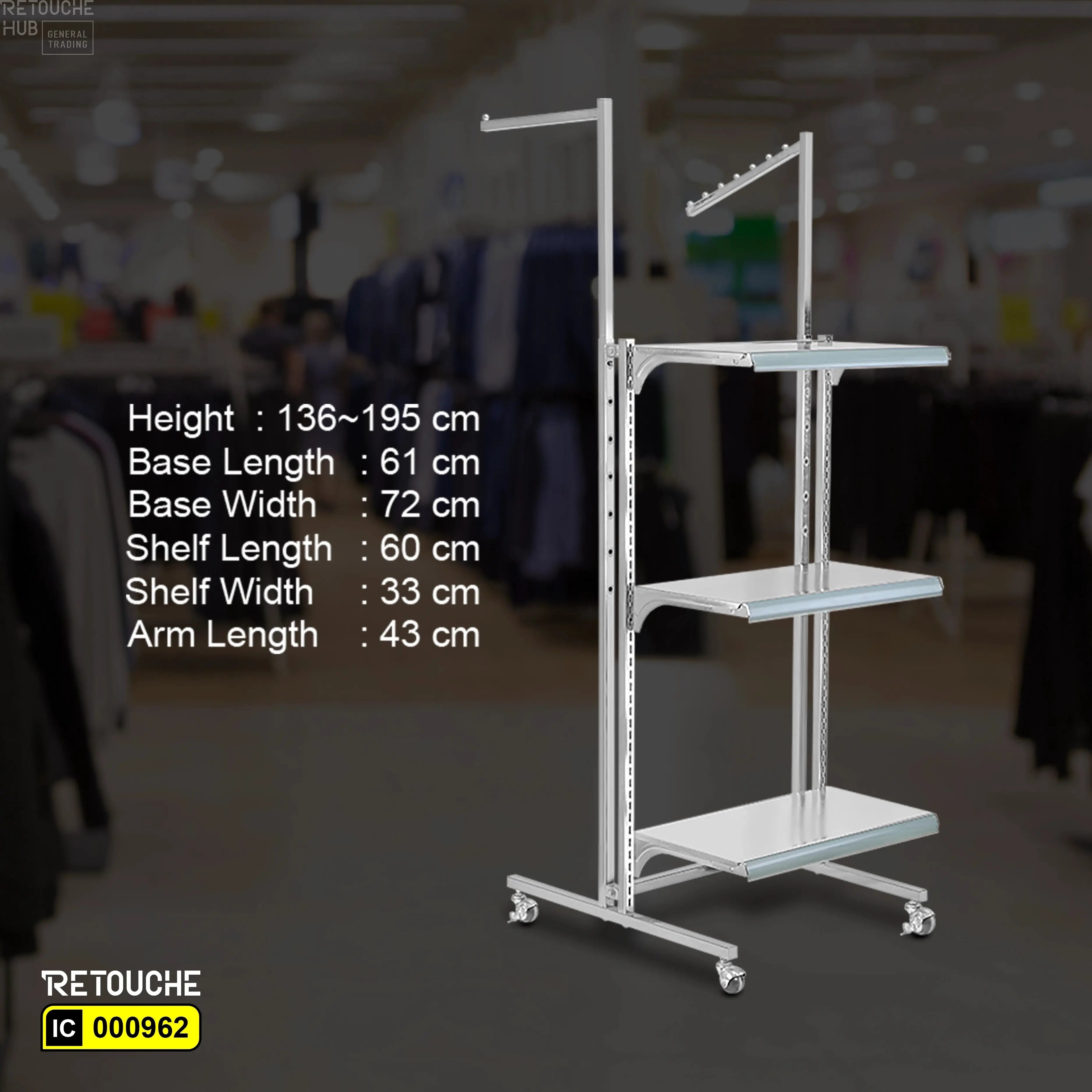 Display Stand, 3 Shelves, 2 Arms, Adjustable, Metal, Chrome Plated, with Wheels Shelving Systems