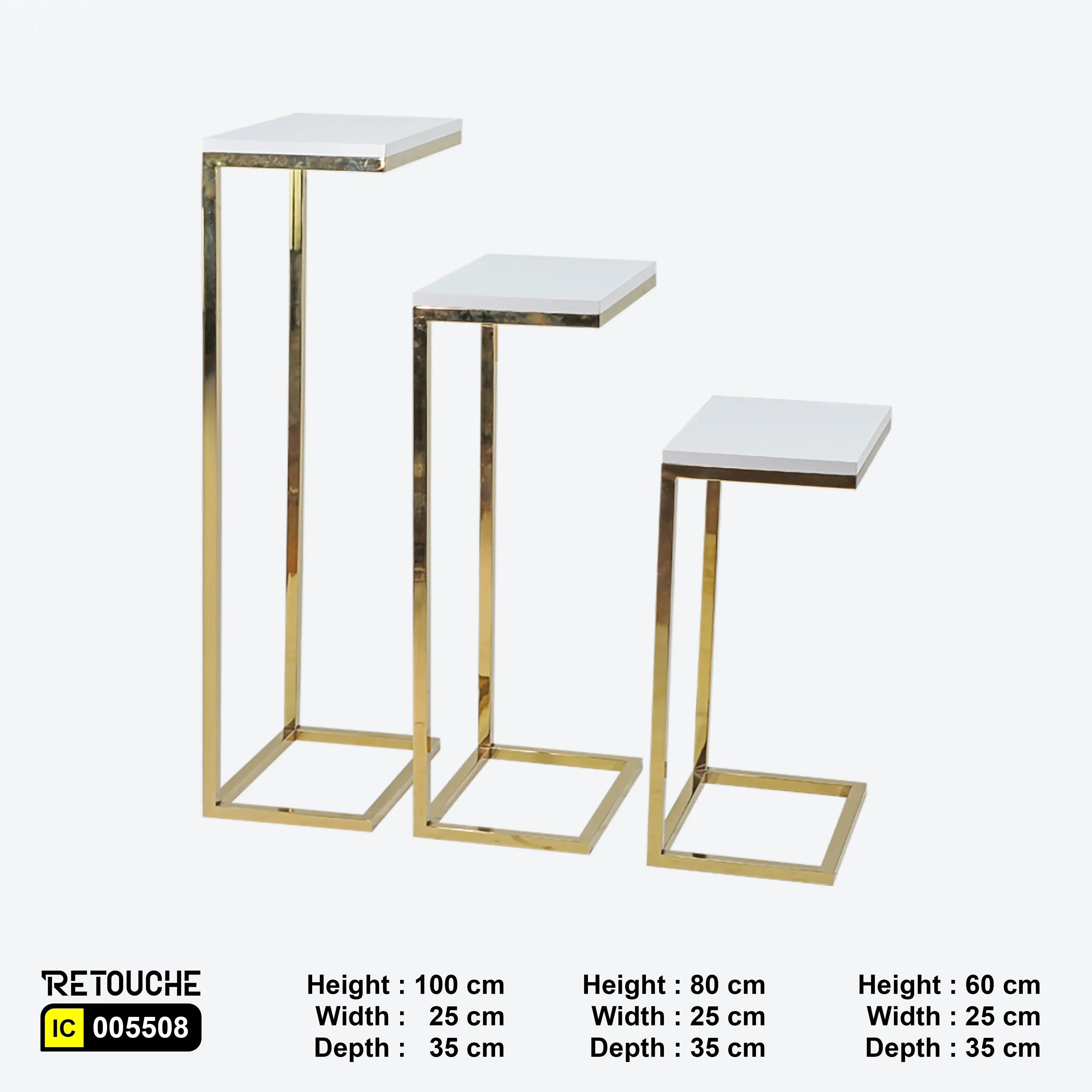 Metal Table With Gold Base and White Wood Top, Set of 3 Pcs Shelving Systems