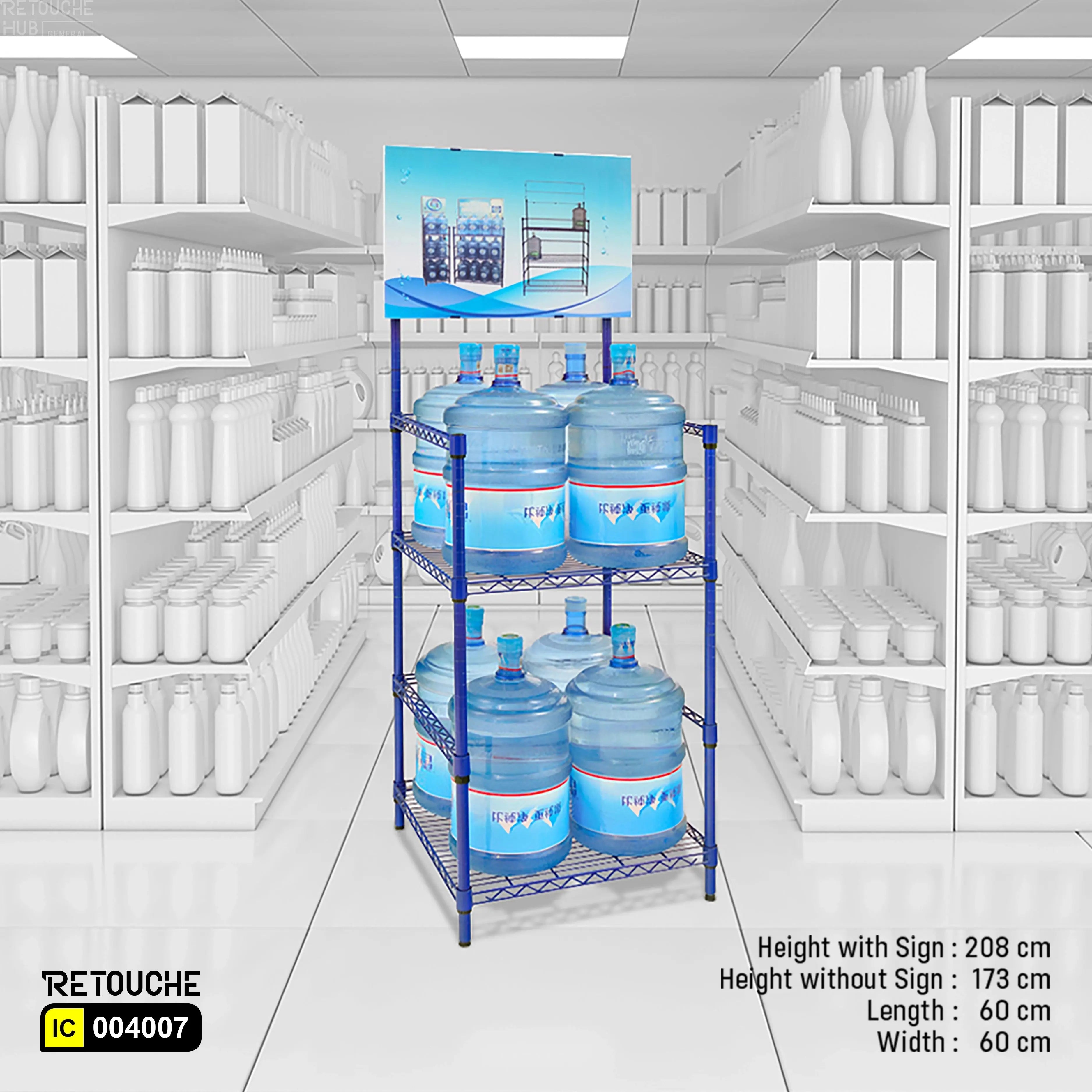 Shelving Rack for Water Bottles, 3 Tiers with Sign Holder, Metal, Blue Shelving Systems