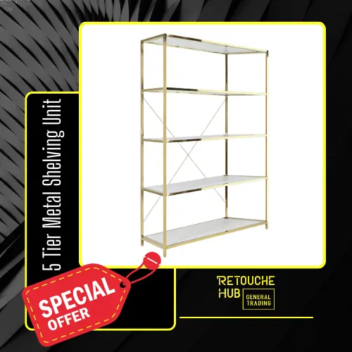 Metal Shelving Unit, 5 Tier, Gold Metal and White Wood Shelves Retouche Hub General Trading L.L.C
